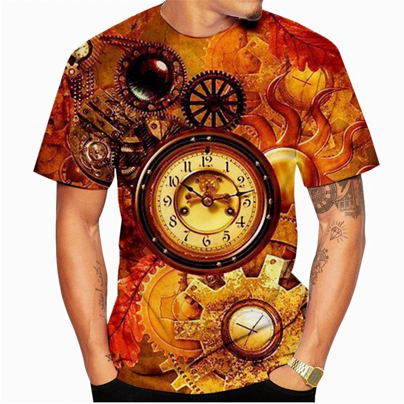 Retro Unique Clocks Design T Shirt Men's Clothing Short Sleeve O-neck T Shirts 3D Printed Cool Personality Fashion Trend Tee Top - Image 2